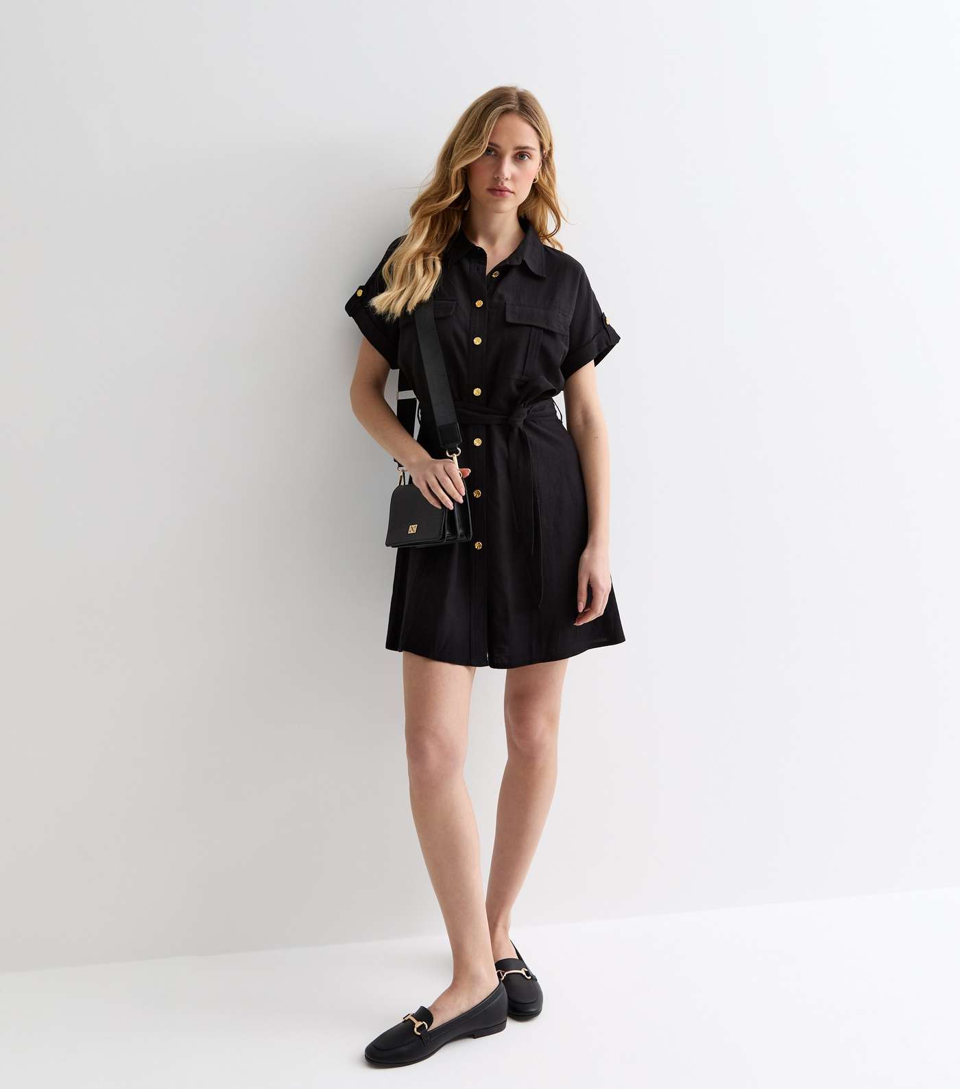 Black Belted Utility Mini Shirt Dress Image 3