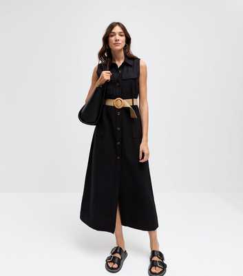 Black Belted Utility Midi Shirt Dress