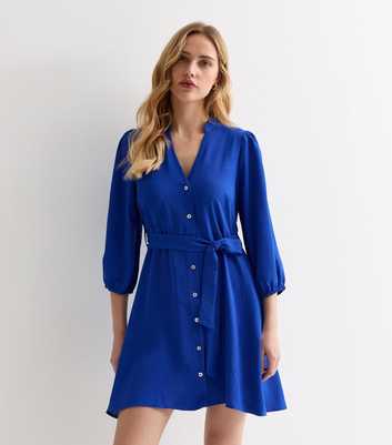 Blue Grandad Collar Mini Shirt Dress