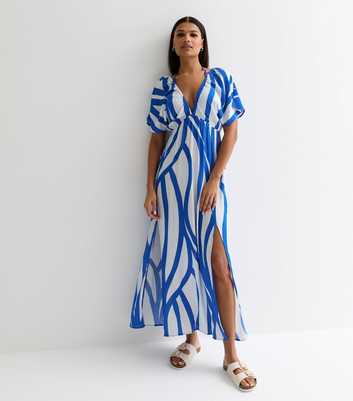 Blue Abstract Print Short Sleeve Maxi Beach Dress