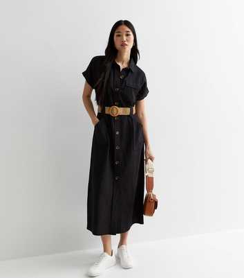 Black Short Sleeve Belted Utility Midi Shirt Dress