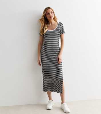 White Stripe Short Sleeve Midi Dress