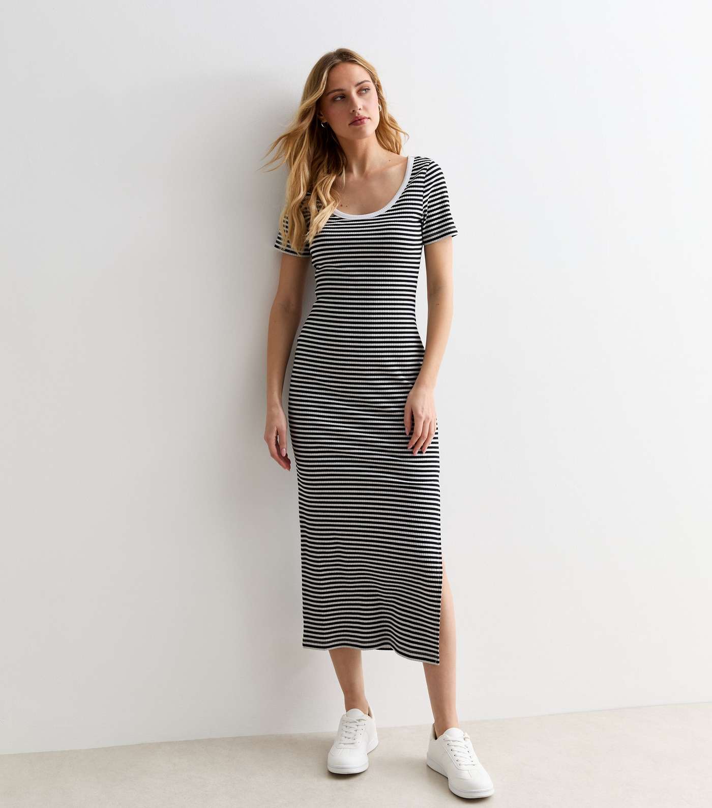 White Stripe Short Sleeve Midi Dress