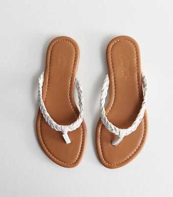 White Leather-Look Plaited Toe Post Sandals
