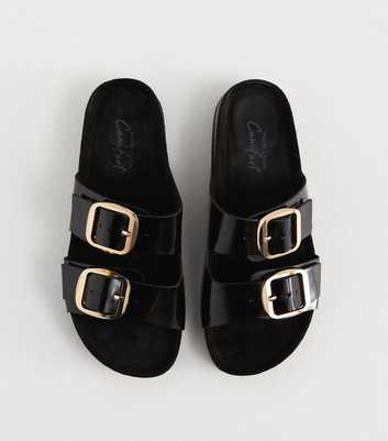 Black Leather-Look Buckle Footbed Sliders
