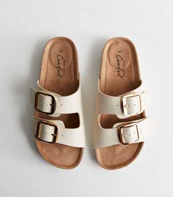 Cream Leather-Look Buckle Strap Footbed Sliders