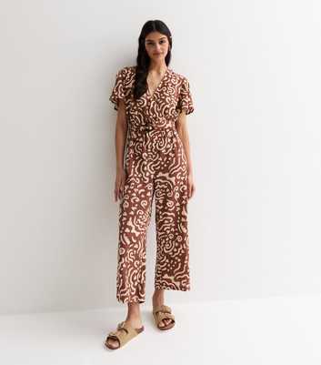 Brown Abstract Print Wrap Belted Wide Leg Jumpsuit