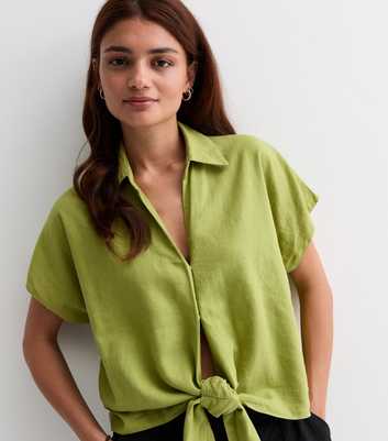 Green Linen Blend Tie Front Shirt