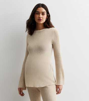 Maternity Cream Ribbed Knit Flared Sleeve Top