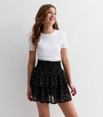 Girls Black Ditsy Floral Chiffon Tiered Mini Skirt