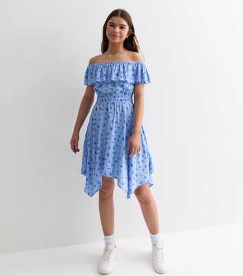 Girls Blue Ditsy Bardot Hanky Hem Mini Dress