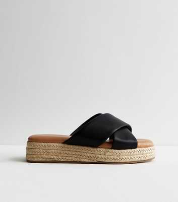Wide Fit Black Leather-Look Espadrille Flatform Sandals
