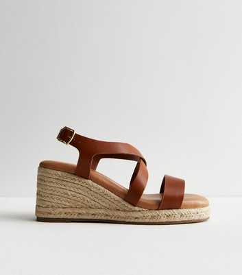Tan Leather-Look Espadrille Wedge Heel Sandals