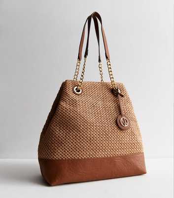 Stone Woven Leather-Look Panel Tote Bag