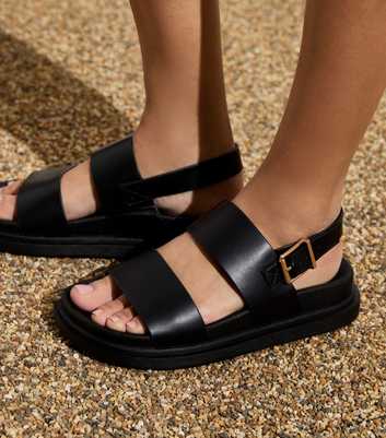 Wide Fit Black Leather-Look 2 Part Chunky Sandals