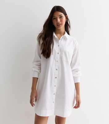 White Poplin Long Sleeve Oversized Mini Shirt Dress