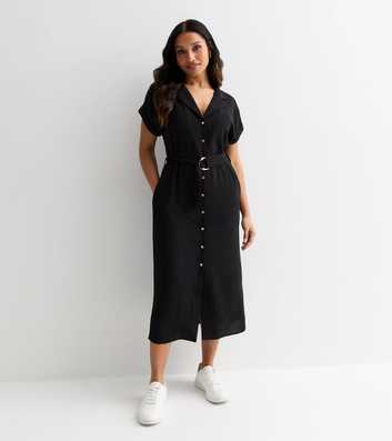 Petite Black Belted Midi Shirt Dress