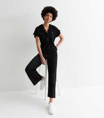 Tall Black Short Sleeve Belted Utility Jumpsuit