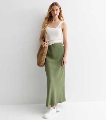Khaki Textured Midi Skirt