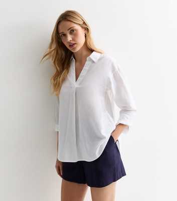 White 3/4 Sleeve Cotton-Linen Blend Shirt