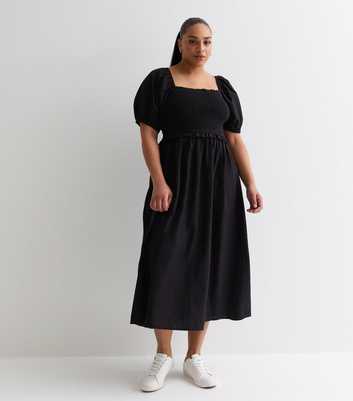 Curves Black Square Neck Shirred Midi Dress