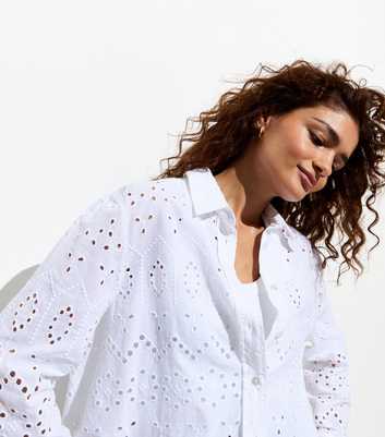 White Cotton Broderie Long Sleeve Shirt