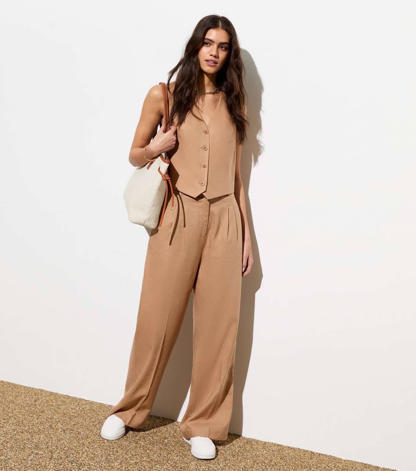 Light Brown Linen-Blend Wide Leg Tailored Trousers