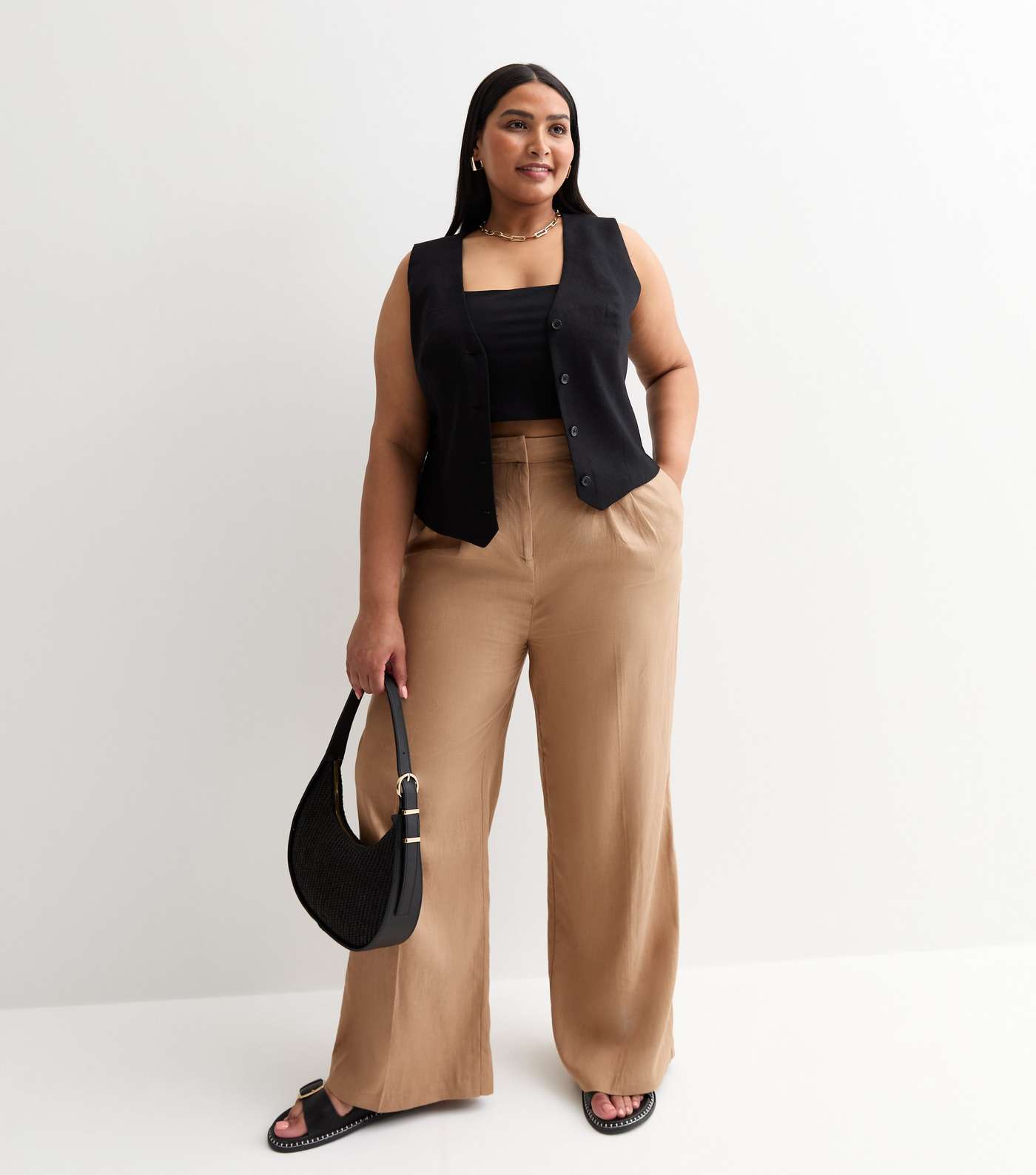 Light Brown Linen-Blend Wide Leg Tailored Trousers Image 3