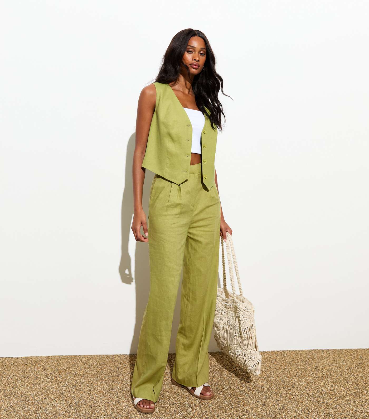 Green Linen-Blend Wide Leg Tailored Trousers Image 3