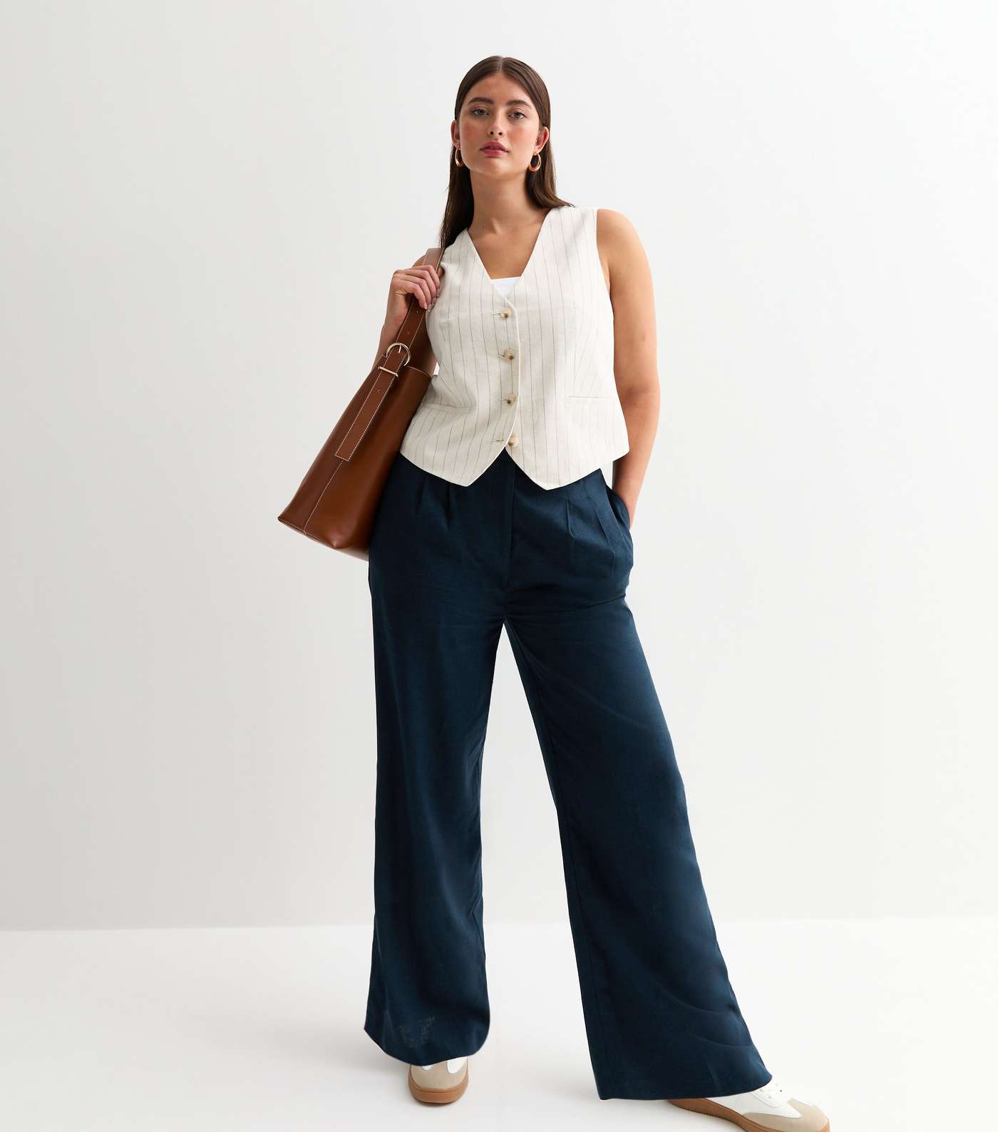 Navy Linen-Blend Wide Leg Tailored Trousers Image 2