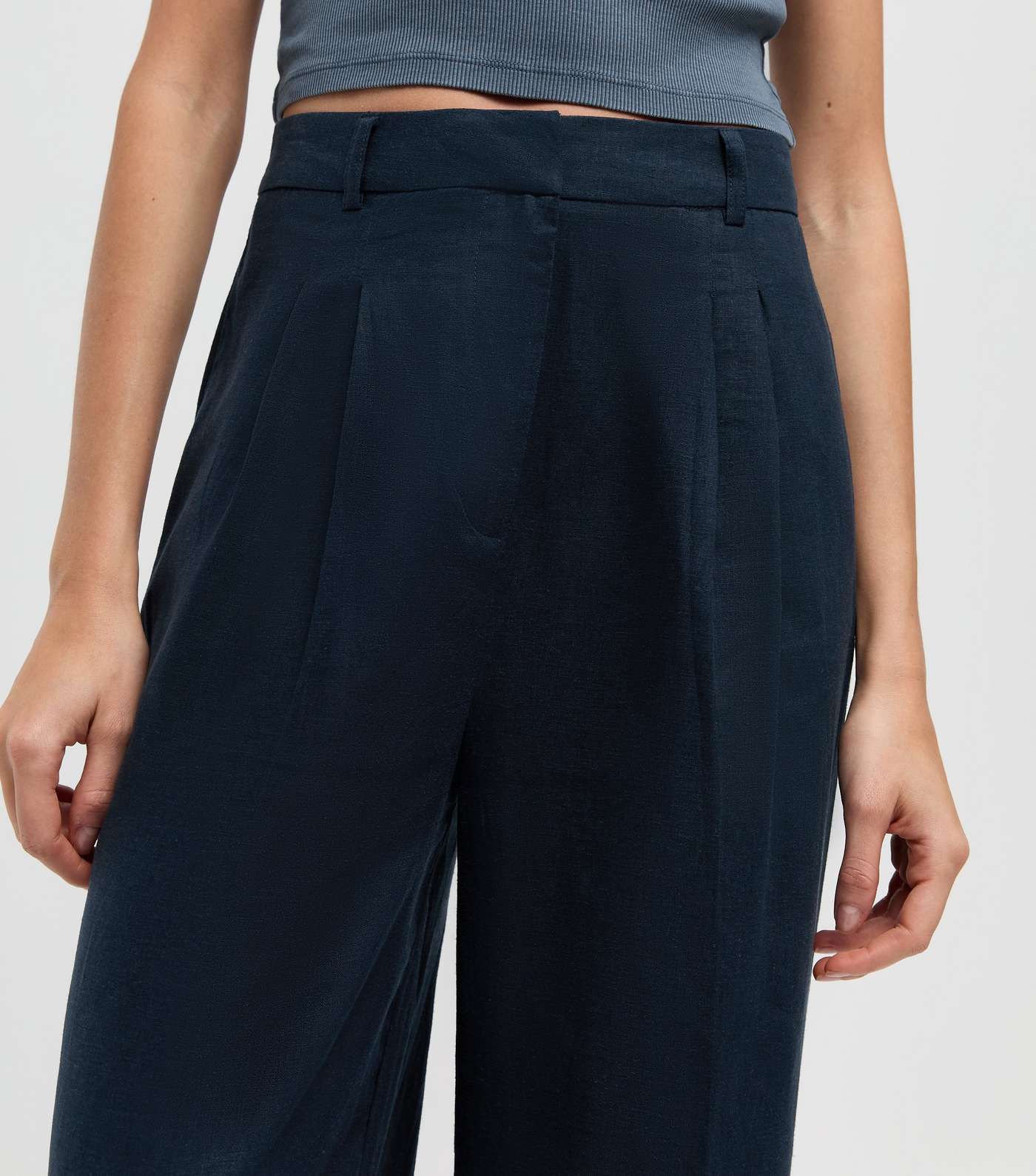 Navy Linen-Blend Wide Leg Tailored Trousers Image 4