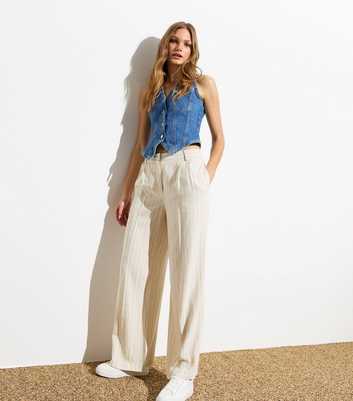 Off White Stripe Linen-Look Tailored Wide Leg Trousers