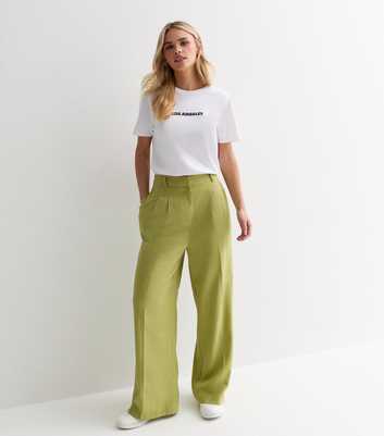 Petite Light Green Linen Blend Wide Leg Trousers