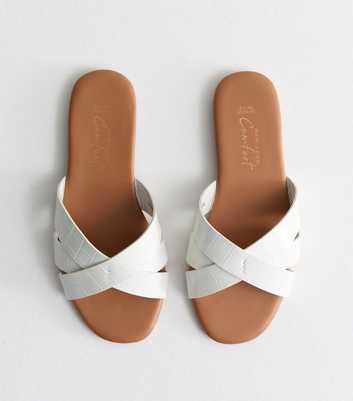 White Leather-Look Faux Croc Mule Sliders