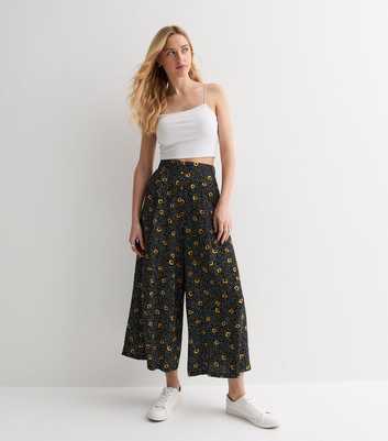 Black Sunflower Spot Print Wide Leg Crop Trousers