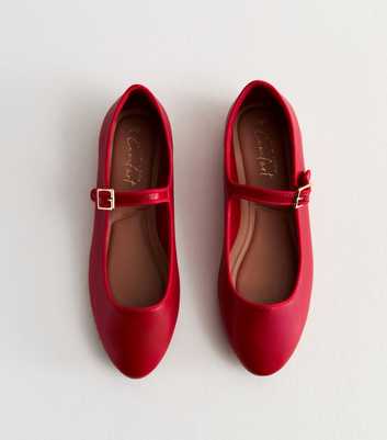 Red Leather-Look Strappy Ballerina Pumps