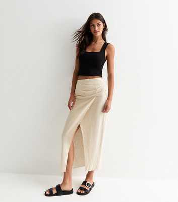 Stone Linen-Look Wrap Midi Skirt