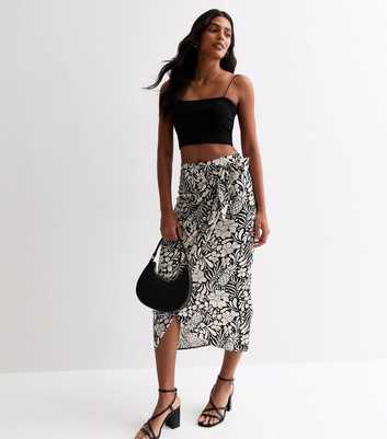 Black Tropical Print Sarong Midi Skirt