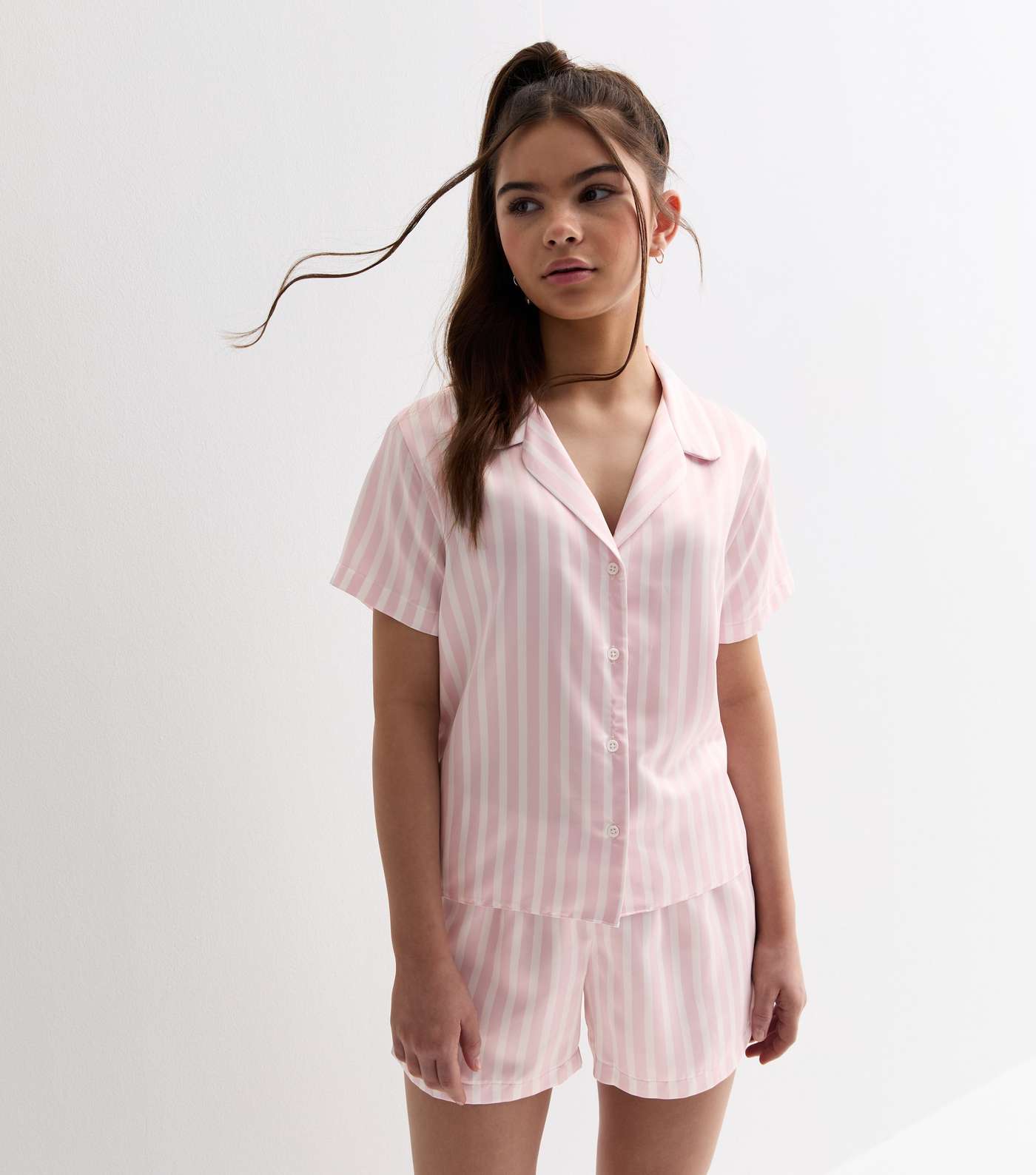 Girls Pink Satin Short Pyjama Set with Stripe Print