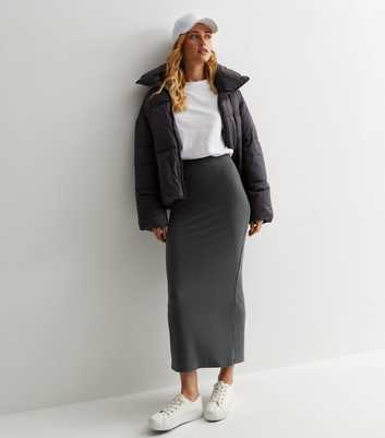 Dark Grey Ribbed Jersey Midi Skirt