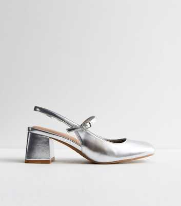 Silver Slingback Block Heel Court Shoes