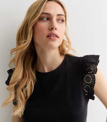 Black Cotton Broderie Frill Sleeve Top