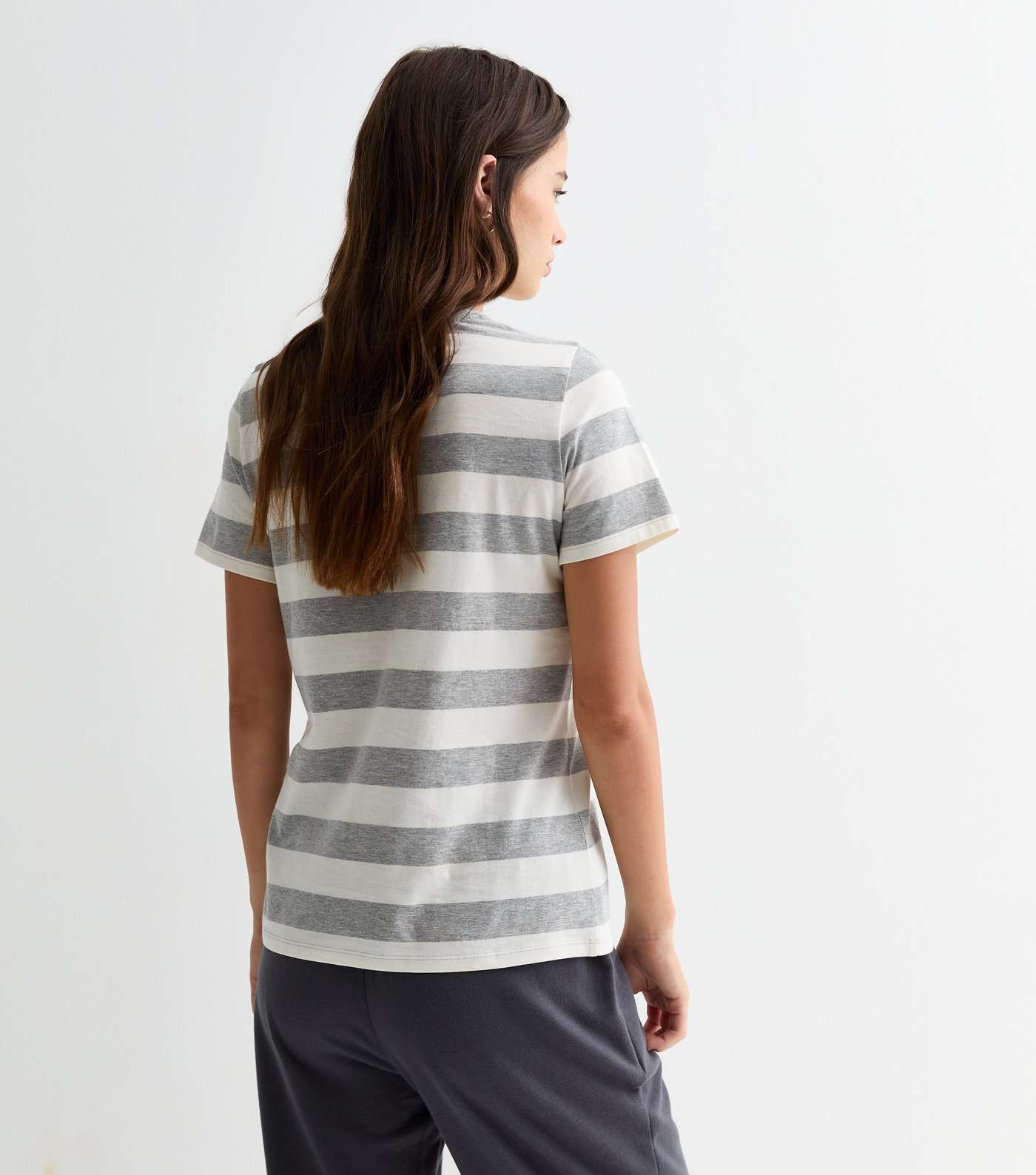 Grey Stripe Crew-Neck Cotton T-Shirt Image 4