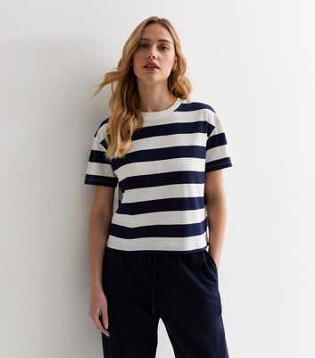 Blue Stripe Boxy Cropped Cotton T-Shirt