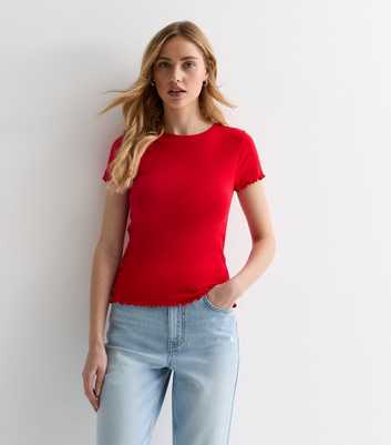 Red Ribbed Frill Sleeve T-Shirt