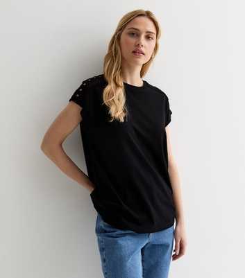 Black Crochet-Trim Cotton T-Shirt