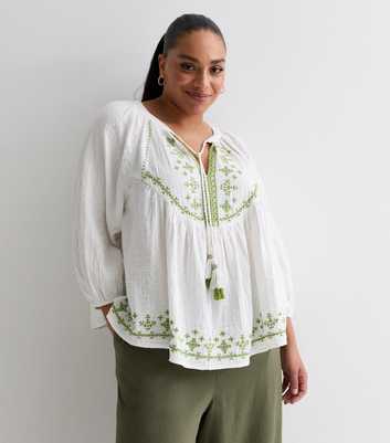 Curves Off White Embroidered Cotton Tie Neck Blouse