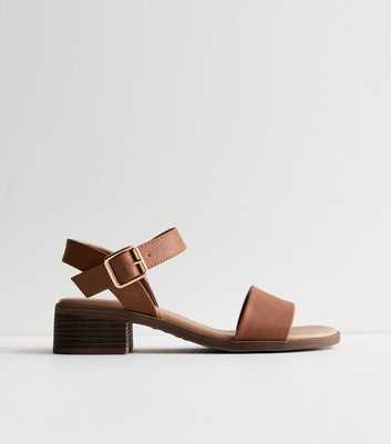 Tan Leather-Look Low Block Heel Sandals