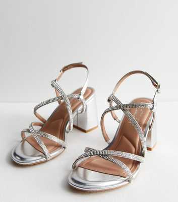 Wide Fit Silver Diamanté Strappy Block Heel Sandals