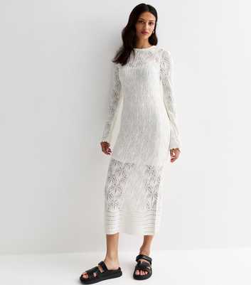 Cream Stitch Knit Long Sleeve Maxi Dress
